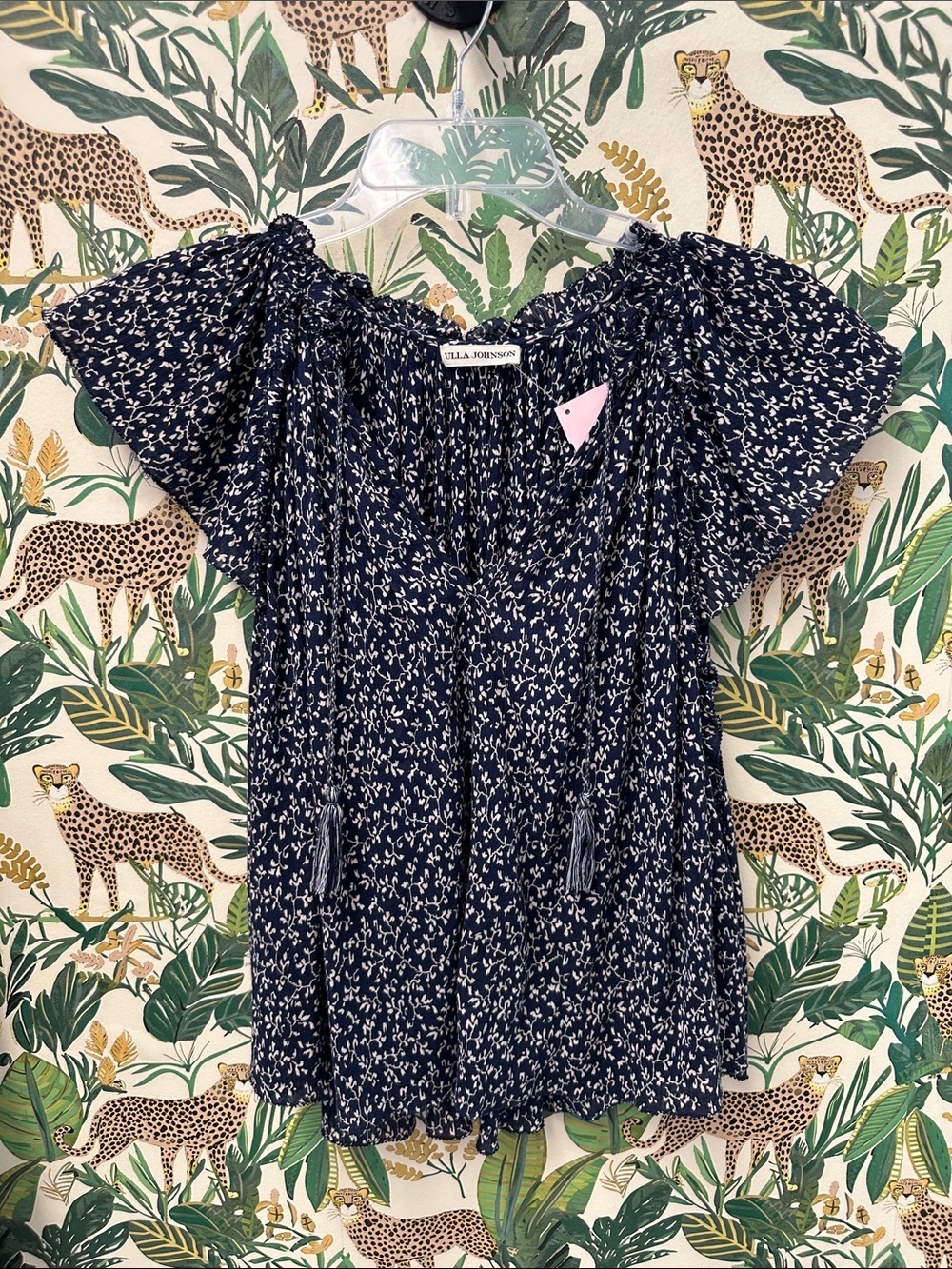Ulla Johnson Navy and Cream Floral Smocked Peasant Blouse 4